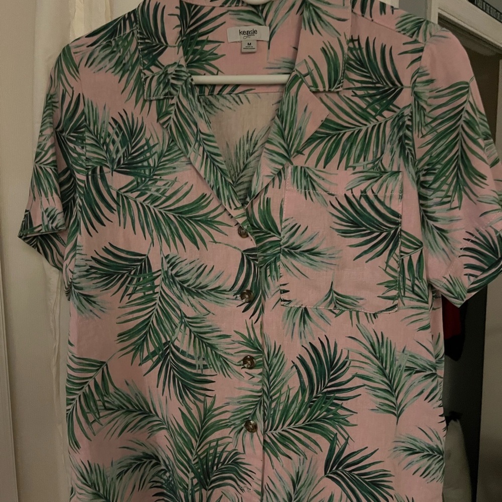 Kensie Pink and Green Tropical Print Shirt